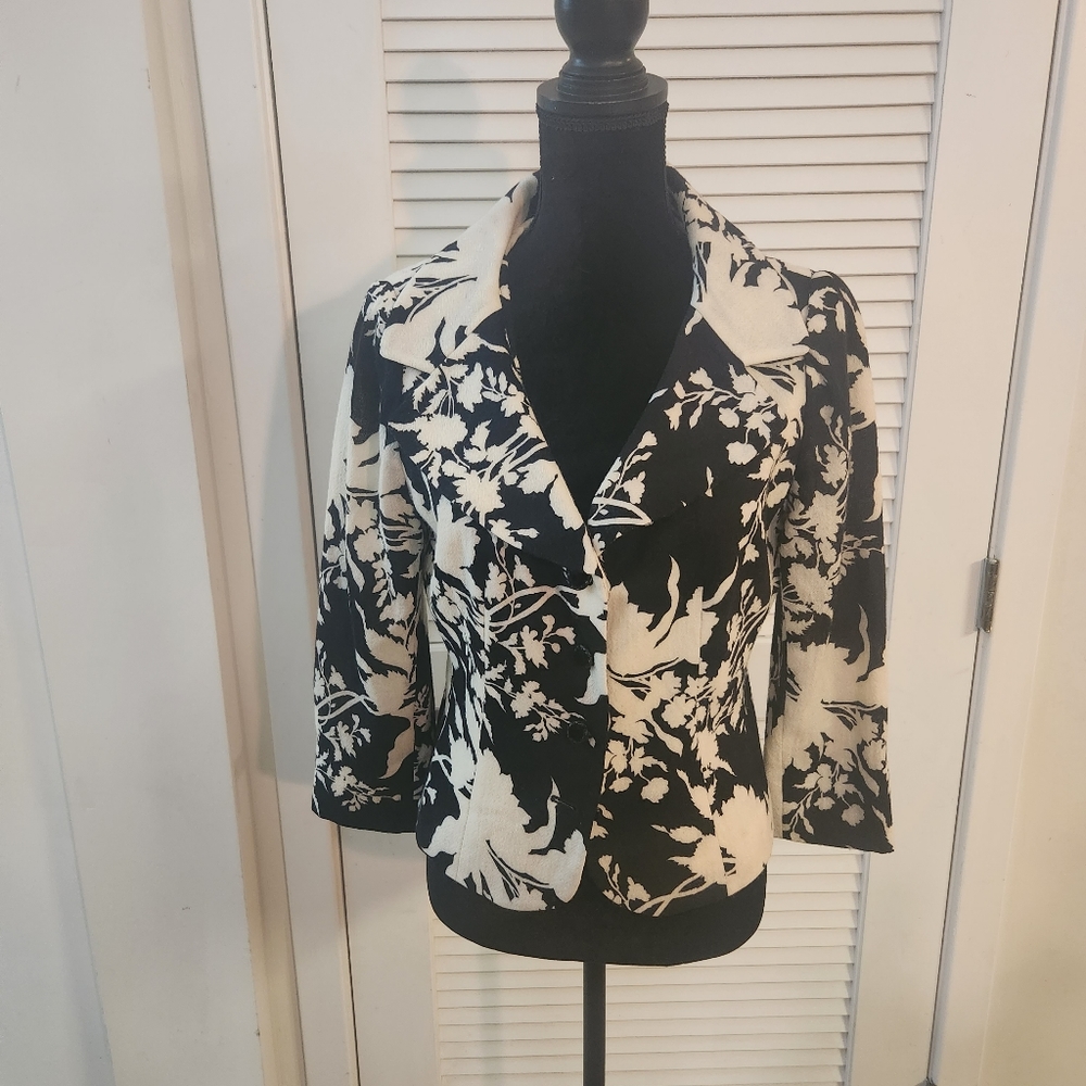 Rickie Freeman for TERRI JON floral print blazer black and cream jacket Sz 10